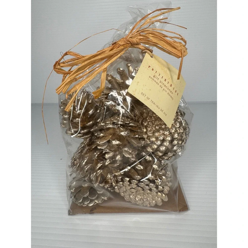 Pottery Barn Pinecones Set of 10 Gold Natural Wood Italian Holiday Decor NEW